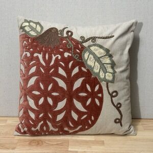 Pottery Barn Velvet Appliqué Pumpkin Embroidered Pillow Fall Beige 17.5x17.5